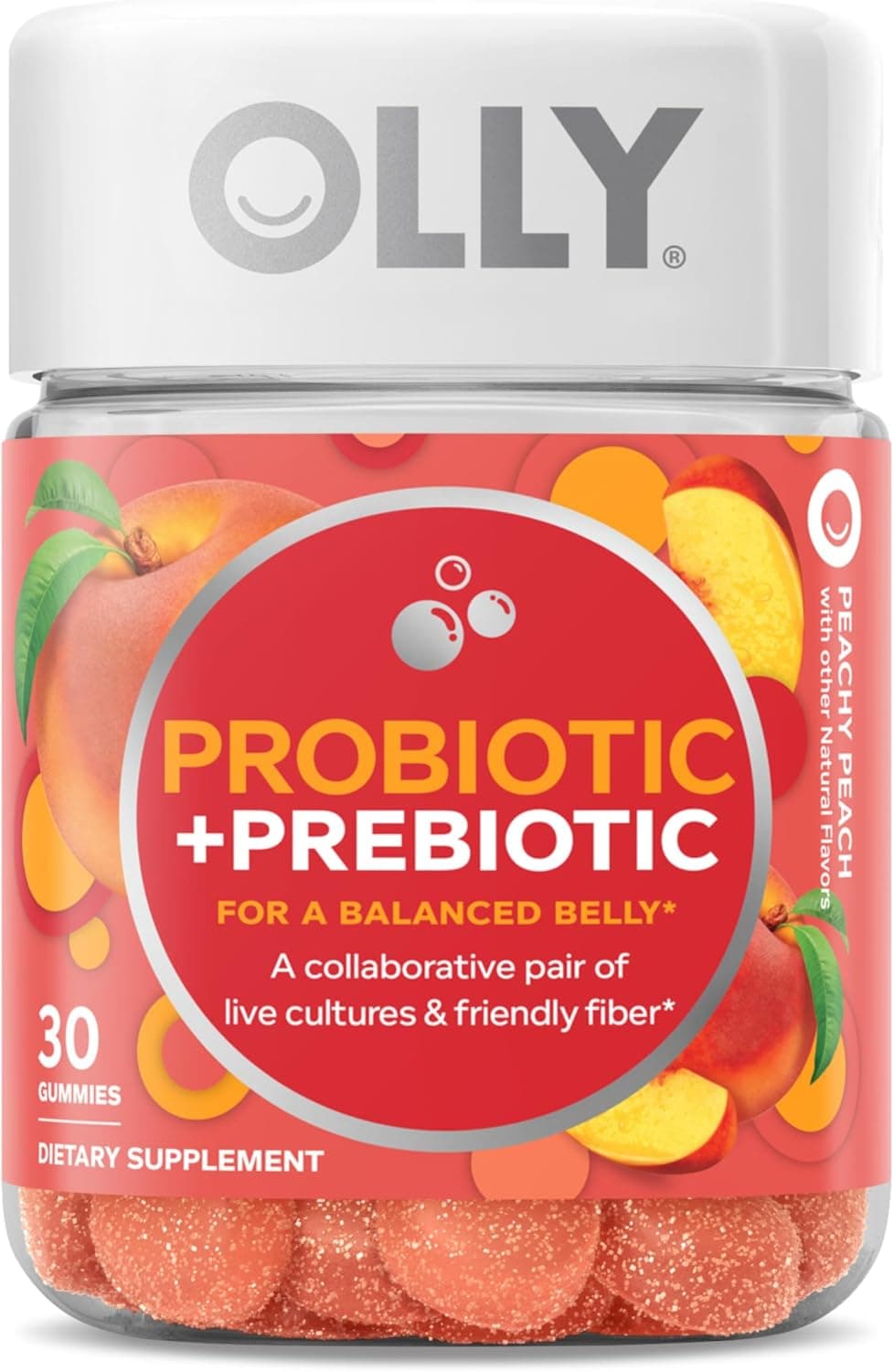 Olly Probiotic + Prebiotic Gummy — 500 Million CFUs, FOS, Peach Flavor, 30 Count