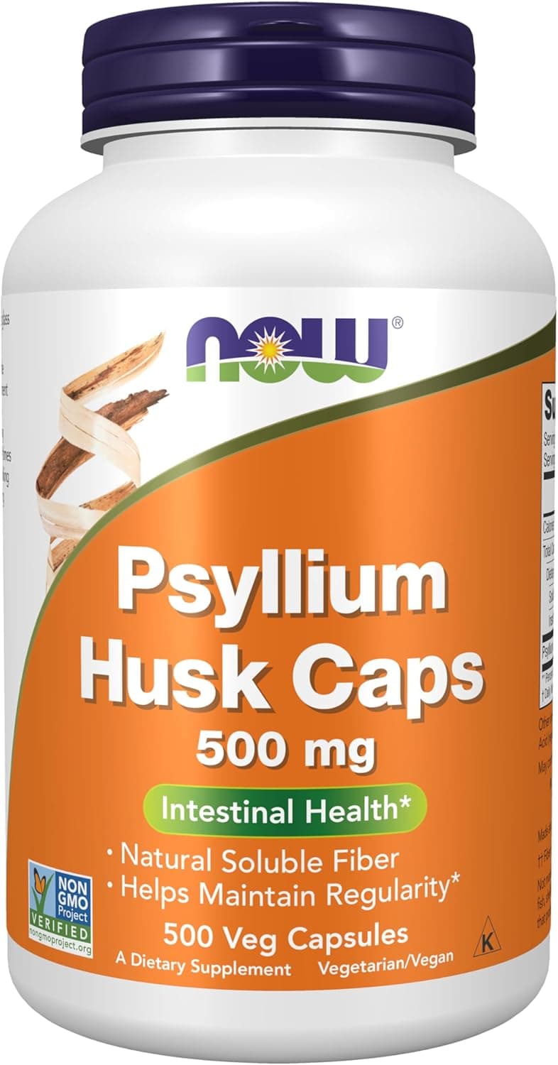 NOW Psyllium Husk Caps 500 mg — Soluble Fiber for Intestinal Health, 500 Veg Capsules