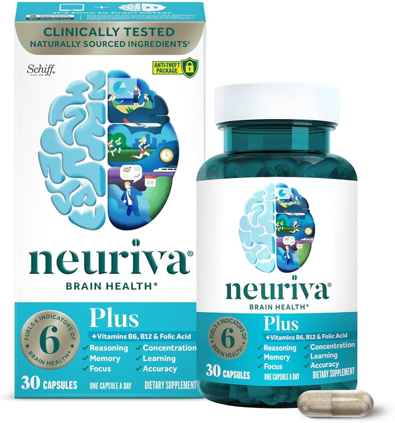 NEURIVA Plus — Brain Supplement for Memory, Focus & Concentration with Phosphatidylserine & Neurofactor, 30 Capsules