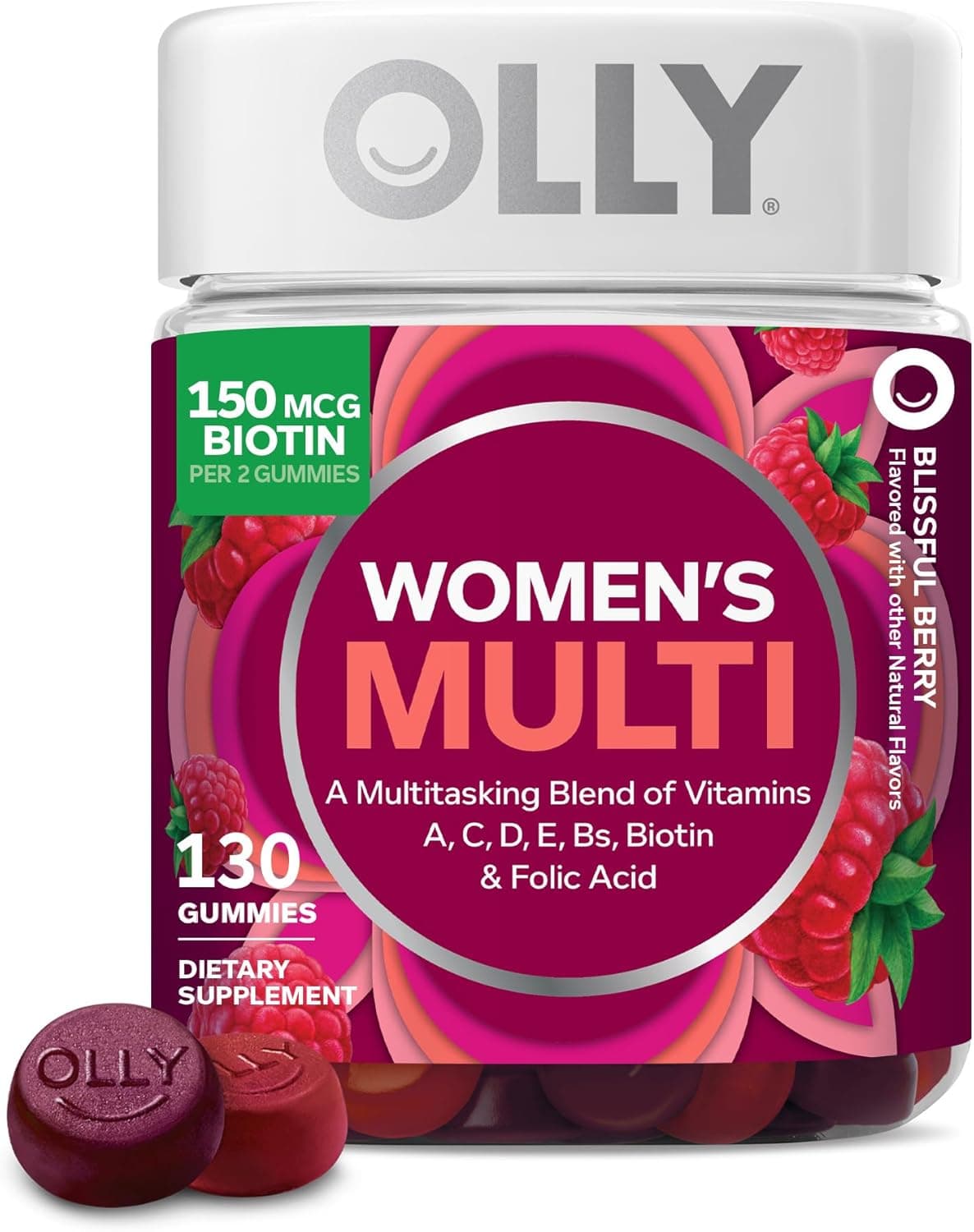 OLLY Women's Multivitamin Gummy, Women's Overall Wellness,* Vitamins A, C, D, E, Biotin, Folic Acid, Adult Chewable Supplement, Berry Flavored, 65 Day Supply - 130 Count