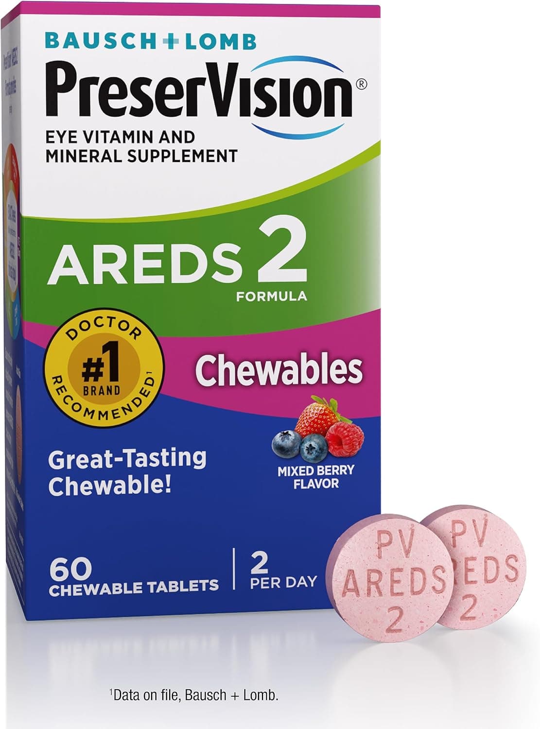 PreserVision AREDS 2 Eye Vitamins, #1 Eye Doctor Recommended Brand, Chewable Lutein and Zeaxanthin Supplement with Vitamin C, Vitamin E, Zinc, and Copper, Mixed Berry, 60 Tablets