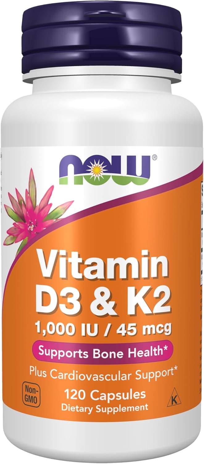 NOW Vitamin D-3 & K-2 — 1,000 IU / 45 mcg, Cardiovascular & Bone Support, 120 Veg Capsules