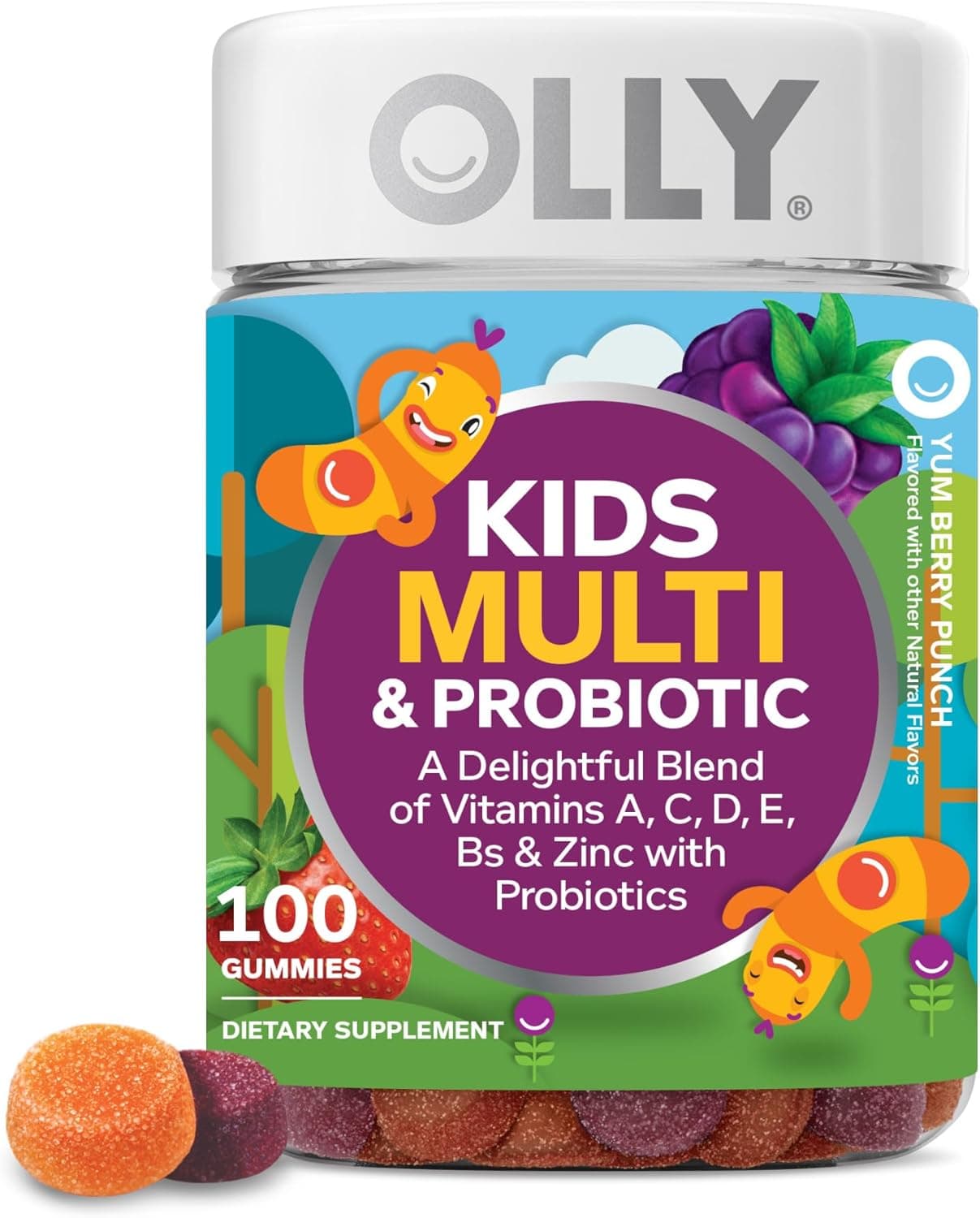 OLLY Kids Multivitamin & Probiotic Gummy — Vitamins A, D, C, E, B, Zinc, Berry, 100 Count