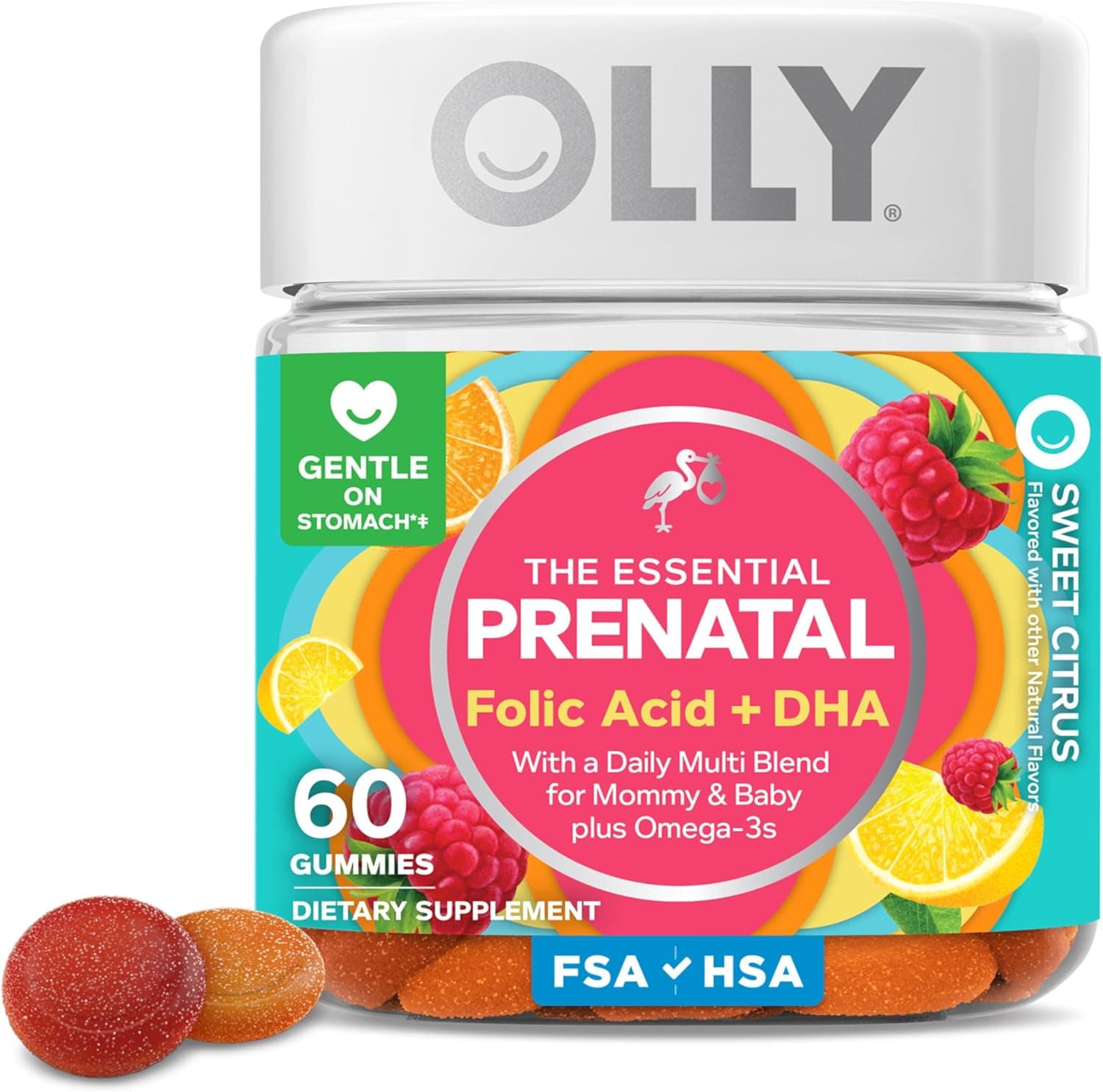 OLLY Prenatal Multivitamin Gummy — Folic Acid, Omega-3 DHA, Vitamins A & D, Citrus, 60 Count