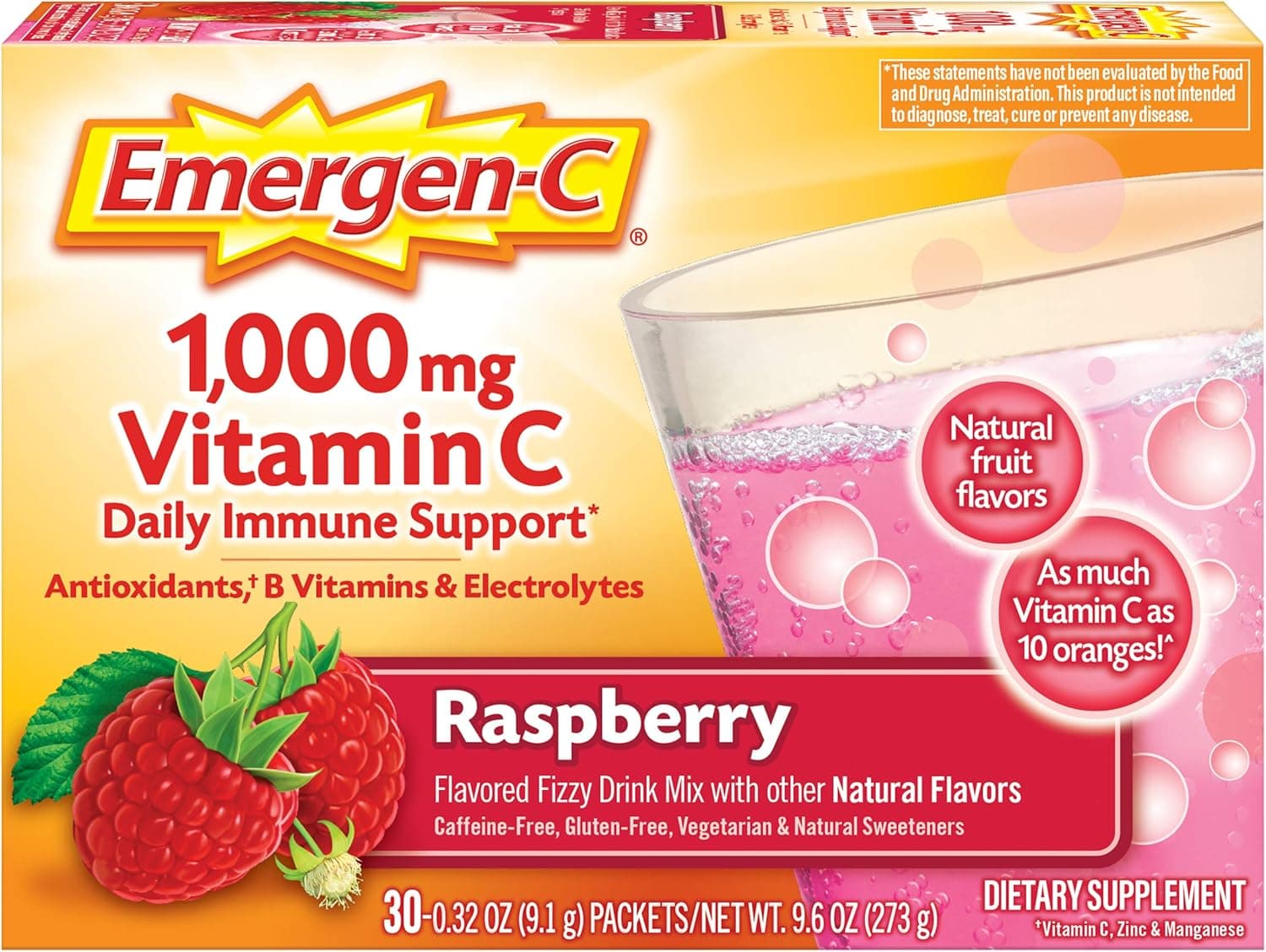 Emergen-C 1,000 mg Vitamin C — Immune Support Powder, Raspberry, 30 Packets