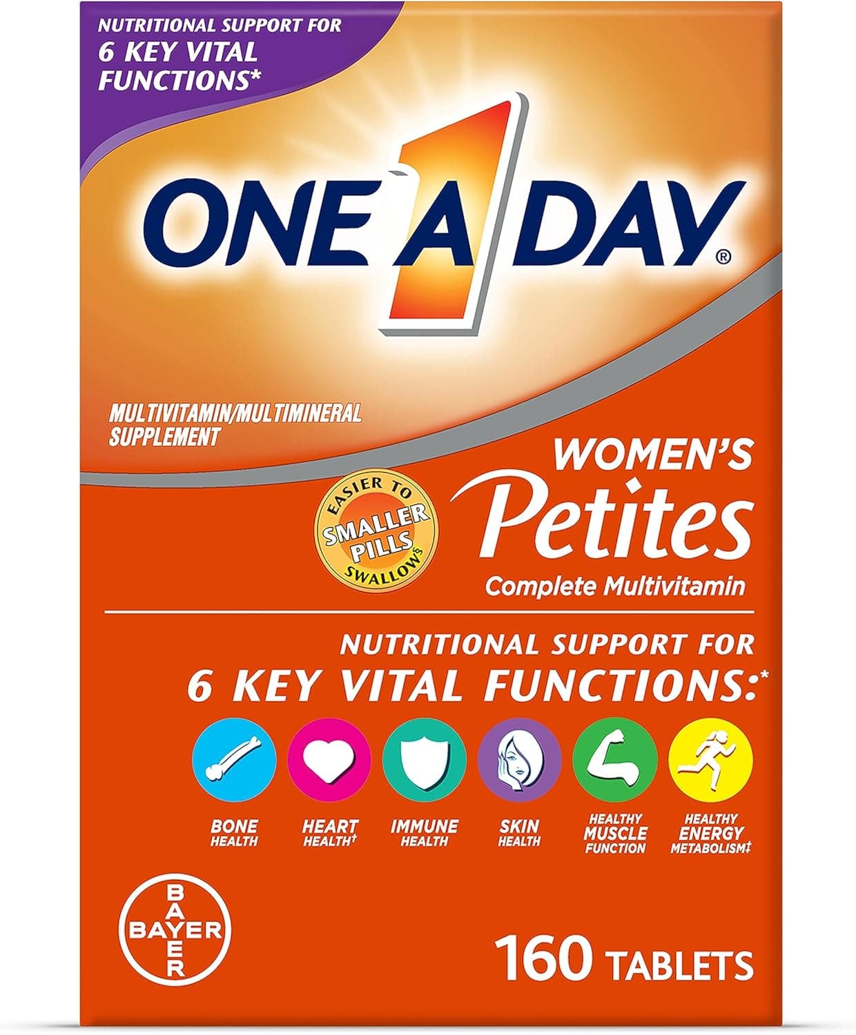 One A Day Women’s Petites Multivitamin — Vitamins A, C, D, E, Zinc, B Vitamins, Biotin, Folate, 160 Tablets