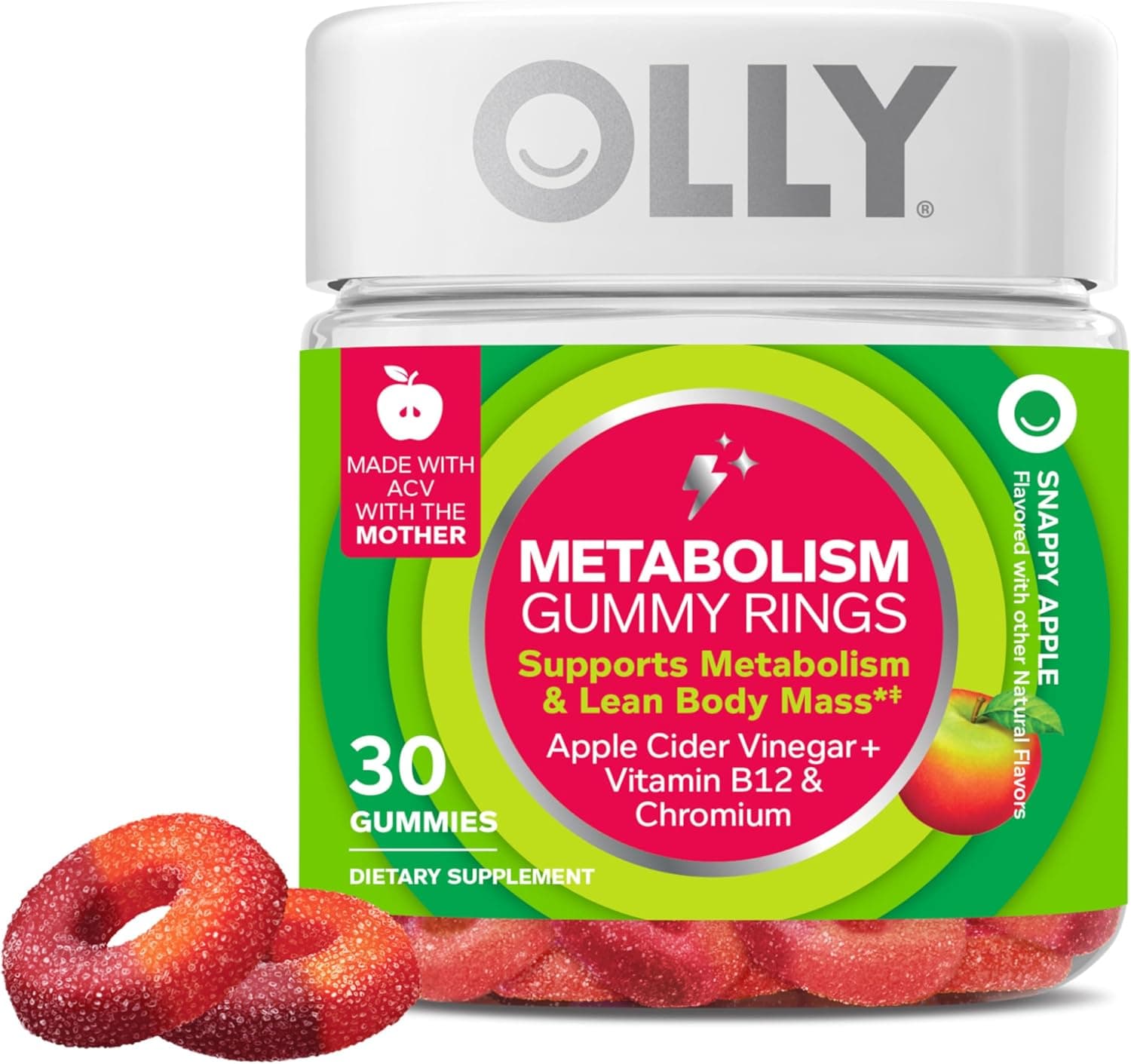 OLLY Metabolism Gummy Rings — Apple Cider Vinegar, Vitamin B12, Chromium, Apple Flavor, 30 Count